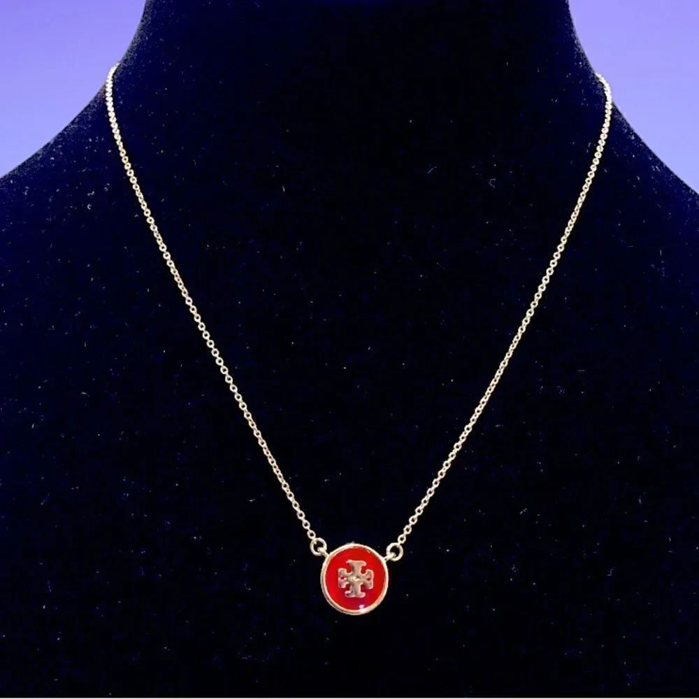 TORY BURCH KIRA ENAMELED PENDANT LOGO GOLD NECKLACE